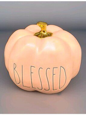 Rae Dunn “BLESSED” Salmon Pink  Pumpkin With Gold Stem Fall Thanksgiving Boho